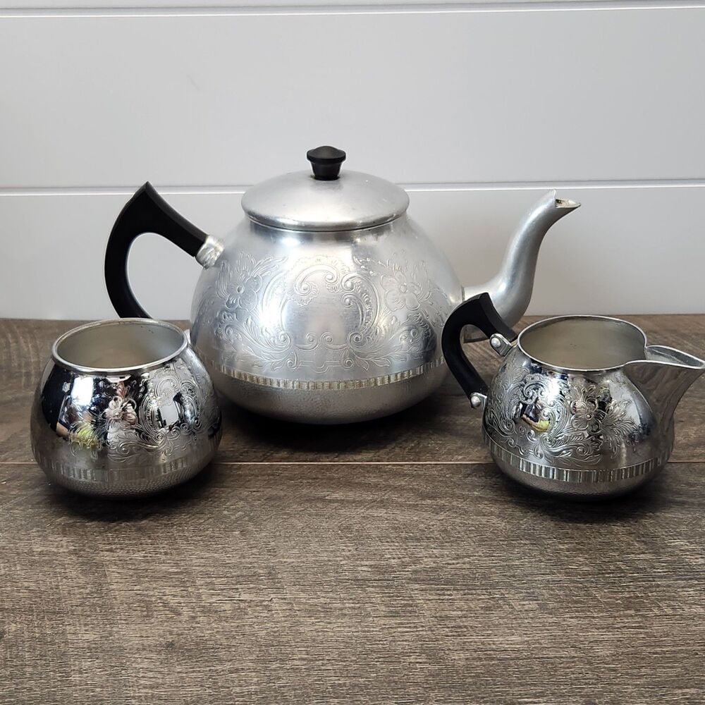 Vtg Swan Brand 3 Pc Set 8 Cup Tea Pot Creamer Sugar The Carlton England Bakelite